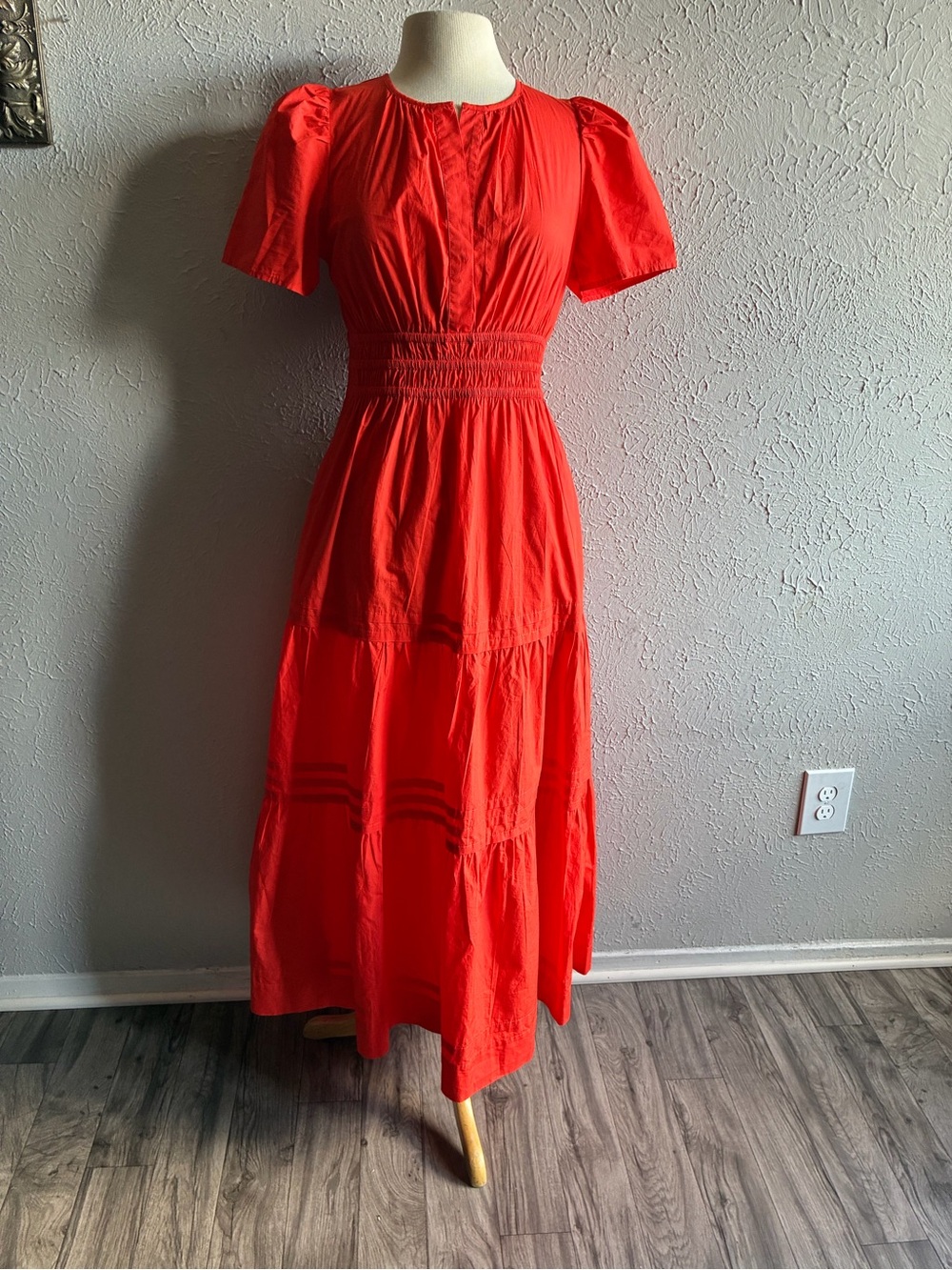 Quince Spiced Coral Organic Cotton Poplin Tiered Maxi
Dress Smocked S